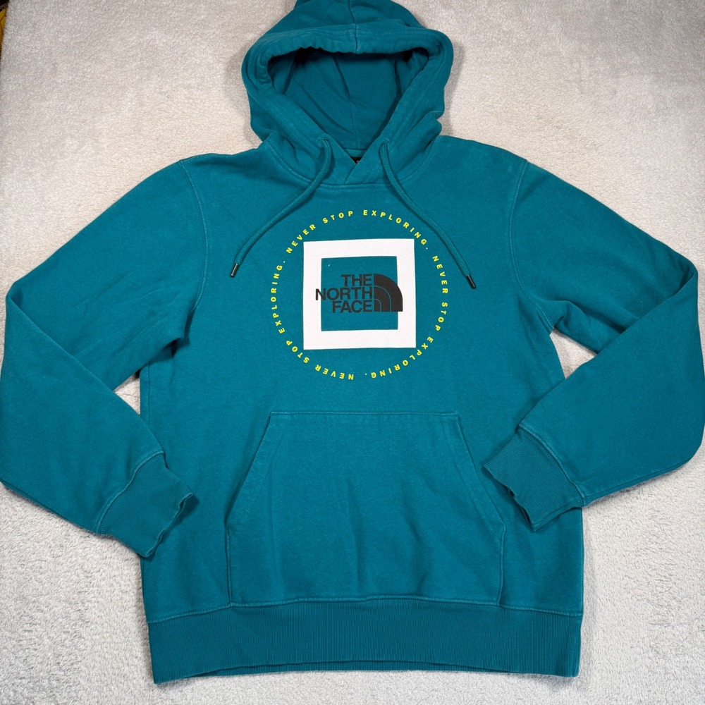 The North Face Hoodie Mens S Teal Graphic Never Stop Exploring Pullover Hoody